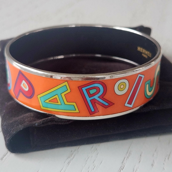 Hermes Wide Orange Paris 24 Faubouh Enamel Bangle-EUC! - Picture 2 of 10